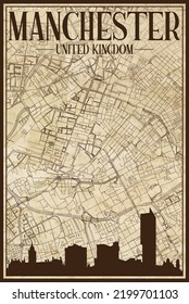 Black printout streets network map with city skyline of the downtown MANCHESTER, UNITED KINGDOM on a vintage paper framed background