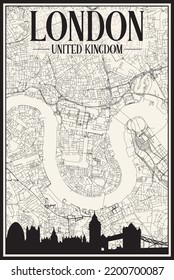 Black printout streets network map with city skyline of the downtown LONDON, UNITED KINGDOM on a white framed background