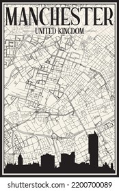 Black printout streets network map with city skyline of the downtown MANCHESTER, UNITED KINGDOM on a white framed background