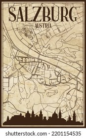 Black printout streets network map with city skyline of the downtown SALZBURG, AUSTRIA on a vintage paper framed background