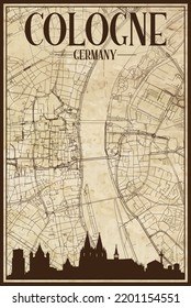 Mapa de la red de calles impresas en negro con el perfil de la ciudad en el centro de COLOGNE, ALEMANIA en un papel vintage enmarcado en el fondo