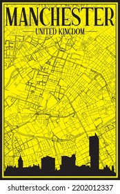 Black printout streets network map with city skyline of the downtown MANCHESTER, UNITED KINGDOM on a yellow framed background