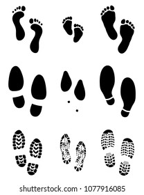 Black prints of human feet and shoes on a white background