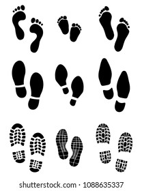 Black prints of human feet and shoes on a white background