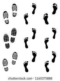 Black prints of human feet and shoes, vector illustration