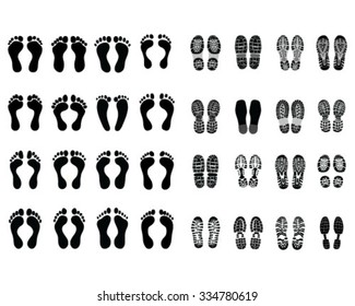 Black prints of human feet and shoes,vector illustration