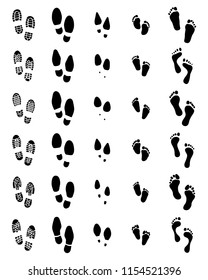 Black prints of shoes and human feet on a white background