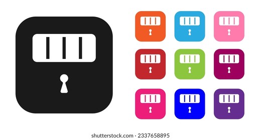 Puerta de celda de la prisión negra con icono de la ventana de la parrilla aislado en fondo blanco. Indique los iconos en colores. Vector