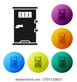 Puerta negra de la célula de la prisión con el icono de la ventana de la parrilla aislado en el fondo blanco. Establezca los íconos en Botones de círculo de color. Ilustración vectorial