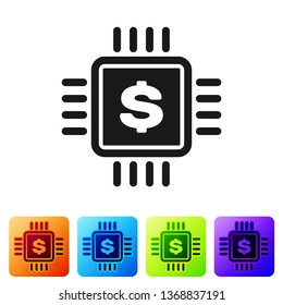 Black Processor chip with dollar icon isolated on white background. CPU and a dollar sign. Set icon in color square buttons. Vector Illustration