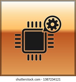 Black Processor and gear icon isolated on gold background. CPU, chip service concept. Adjusting app, setting options, maintenance, repair, fixing. Vector Illustration