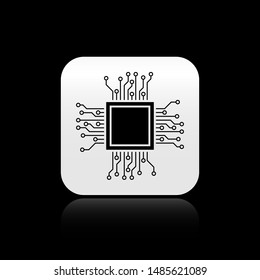 Black Processor icon isolated on black background. CPU, central processing unit, microchip, microcircuit, computer processor, chip. Silver square button. Vector Illustration