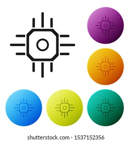 Black Processor icon isolated on white background. CPU, central processing unit, microchip, microcircuit, computer processor, chip. Set icons colorful circle buttons. Vector Illustration