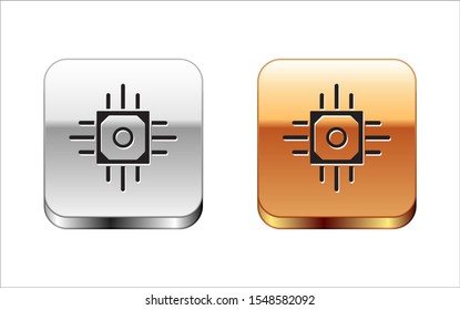 Black Processor icon isolated on white background. CPU, central processing unit, microchip, microcircuit, computer processor, chip. Silver-gold square button. Vector Illustration
