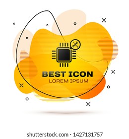 Black Processor with screwdriver and wrench icon isolated on white background. Adjusting, service, setting, maintenance, repair, fixing. Fluid color banner. Vector Illustration