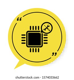 Black Processor with screwdriver and wrench icon isolated on white background. Adjusting, service, setting, maintenance, repair, fixing. Yellow speech bubble symbol. Vector Illustration