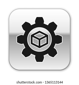 Black Product development icon isolated on white background. Gear and cube. Product development symbol design from Startup collection. Silver square button. Vector Illustration