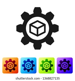 Black Product development icon isolated on white background. Gear and cube. Product development symbol design from Startup collection. Set icon in color square buttons. Vector Illustration