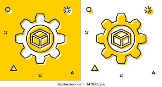 Black Product development icon isolated on yellow and white background. Gear and cube. Product development symbol design from Startup collection. Random dynamic shapes. Vector Illustration