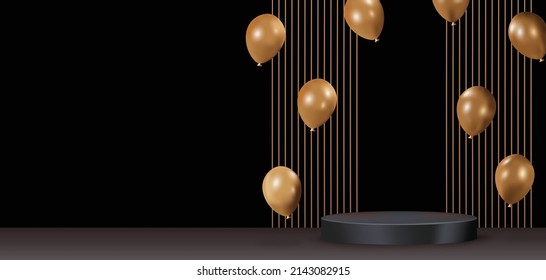 Black product display podium with gold balloons and elements. Vector