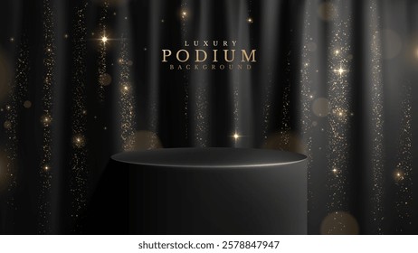 Black product display stand on curtain background Decorated with sparkling glow effect, black luxury background design concept for product promotion and award ceremony.