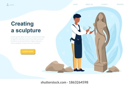 Black professional sculptor. Concept of creating sculpture of marble, wood and clay. Creative artist. Art and hobby. Website, web page, landing page template