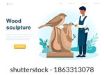 Black professional sculptor. Male character is creating sculpture of wood. Creative artist. Art and hobby. Website, web page, landing page template. Flat cartoon vector illustration.