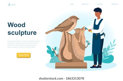 Black Professional Sculptor. Male Character Is Creating Sculpture Of Wood. Creative Artist. Art And Hobby. Website, Web Page, Landing Page Template. Flat Cartoon Vector Illustration.