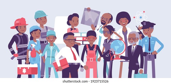 Black professional workers of different occupations and job. Group of people in management, office, banking, medicine, science career. Vector creative stylized illustration