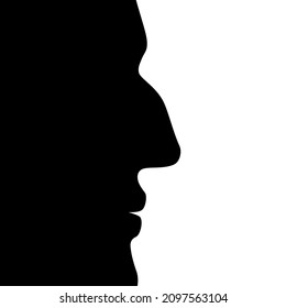 Black profile face of a man, with a crooked nose, isolated on white background. Adult male close-up silhouette vector portrait.