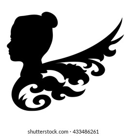 Black profile of girl with wing patterns on black background.Vector illustration