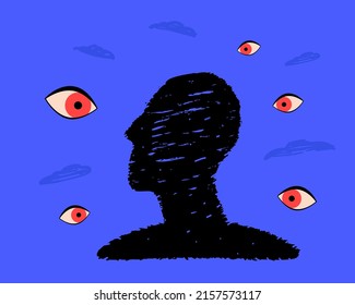 Ein schwarzes Profil einer Person, umgeben von Augen, ein Symbol eines externen Kritikers, Schizophrenie, Paranoia.