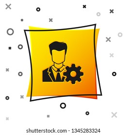 Black Profile settings icon isolated on white background. User setting icon. Profile Avatar with cogwheel sign. Account icon. Male person silhouette. Yellow square button. Vector Illustration