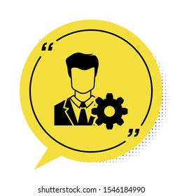 Black Profile settings icon isolated on white background. User setting icon. Profile Avatar with cogwheel. Account icon. Male person silhouette. Yellow speech bubble symbol. Vector Illustration