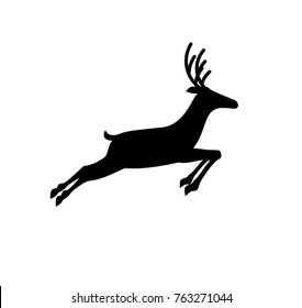 Black profile silhouette of running reindeer  isolated on white background. Vector illustration, icon, sign, symbol of deer. 