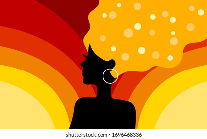 Black profile silhouette of woman with long wavy red hair and bokeh lights on them, white round ring earring and long eyelashes. Orange, yellow, red stripes background. Vector graphics, illustration