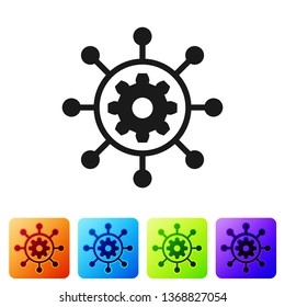 Black Project management icon isolated on white background. Hub and spokes and gear solid icon. Set icon in color square buttons. Vector Illustration