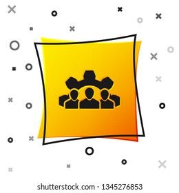 Black Project team base icon isolated on white background. Business analysis and planning, consulting, team work, project management. Developers. Yellow square button. Vector Illustration