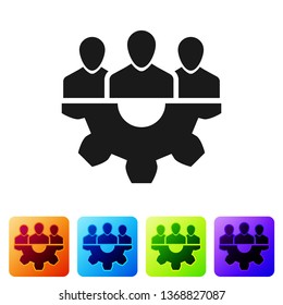 Black Project team base icon isolated on white background. Business analysis and planning, consulting, team work, project management. Developers. Set icon in color square buttons. Vector Illustration