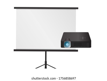Black projector and the white screen. Vector illustrations