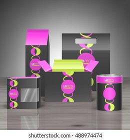 Black promotional package design for corporate identity with purple and green wavy elements. Stationery set