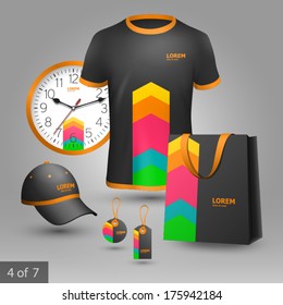 Black promotional souvenirs design for company with color arrows. Elements of stationery.