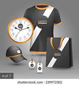 Black promotional souvenirs design for company with white diagonal line. Elements of stationery.