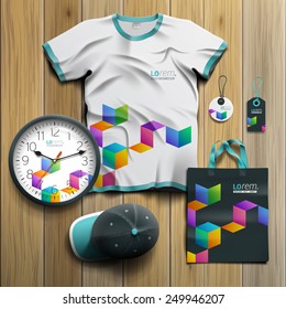 Black promotional souvenirs design for corporate identity with color geometric pattern. Stationery set