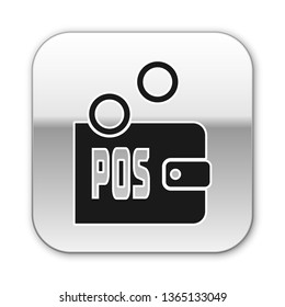 Black Proof of stake icon isolated on white background. Cryptocurrency economy and finance collection. Silver square button. Vector Illustration