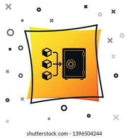 Black Proof of stake icon isolated on white background. Cryptocurrency economy and finance collection. Yellow square button. Vector Illustration