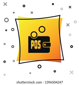 Black Proof of stake icon isolated on white background. Cryptocurrency economy and finance collection. Yellow square button. Vector Illustration