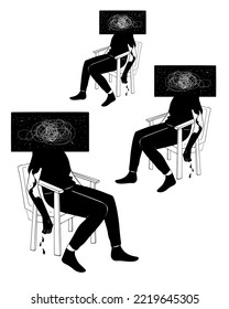 Black propaganda. A woman with a TV for her head. Black and white vector illustration isolated on white background.