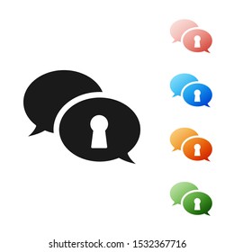 Black Protection of personal data icon isolated on white background. Speech bubble and key. Set icons colorful. Vector Illustration