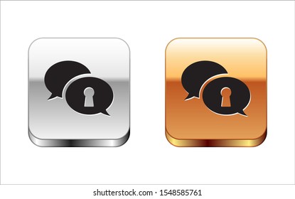 Black Protection of personal data icon isolated on white background. Speech bubble and key. Silver-gold square button. Vector Illustration
